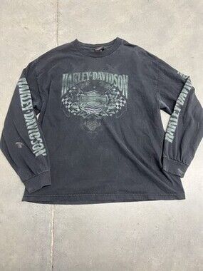 Harley Davidson Long Sleeve Shirt Skull Graphic Okoboji Iowa Black XL Faded